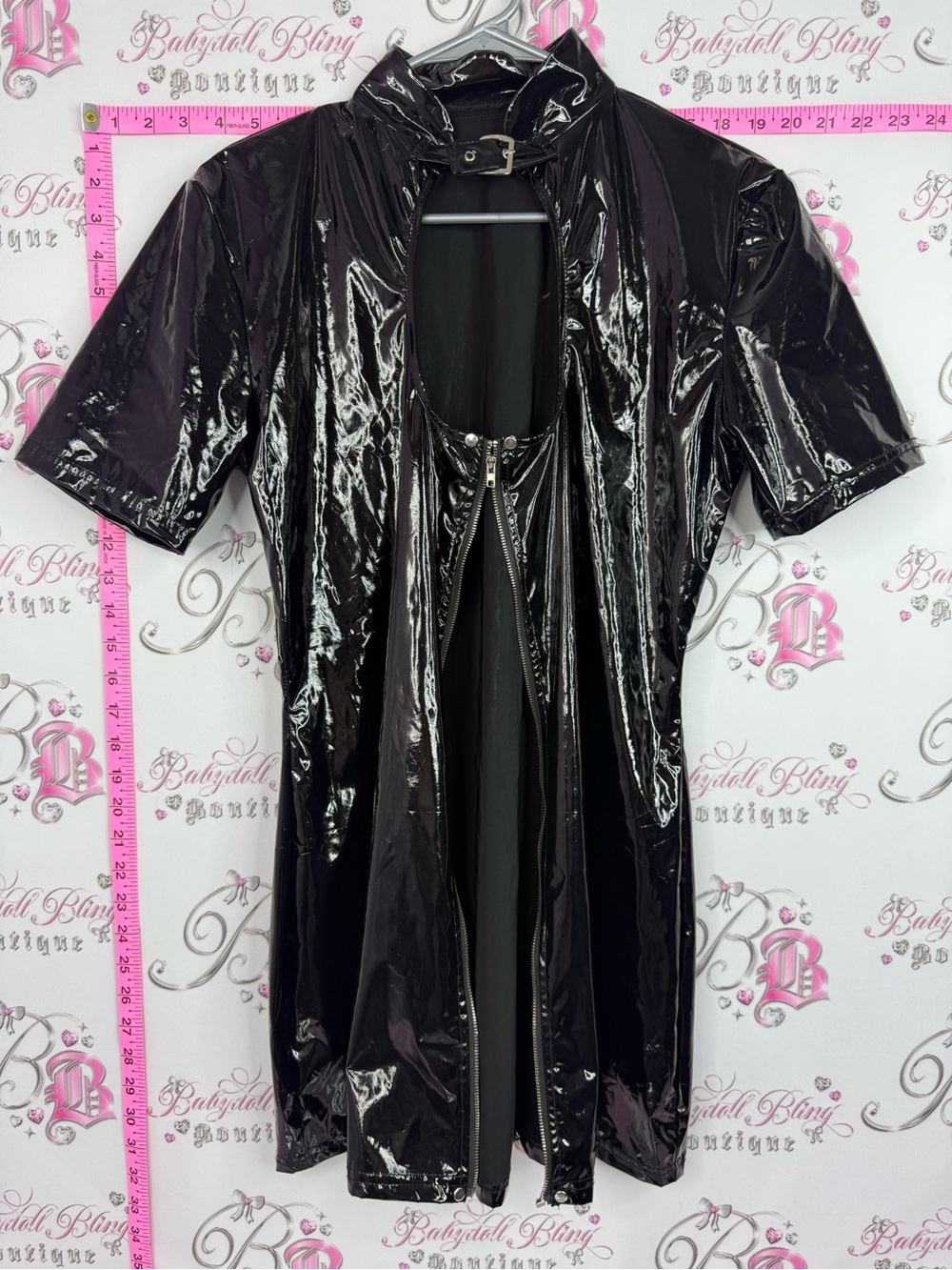 Dress faux leather shiny Glossy Black Vinyl Short Sleeve Zip-Up Dress